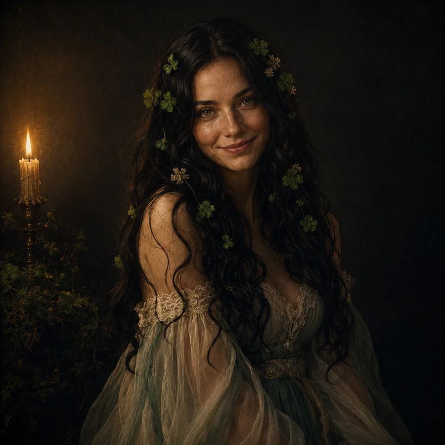 Clover — freckled, smiling, clovers woven through long dark hair.