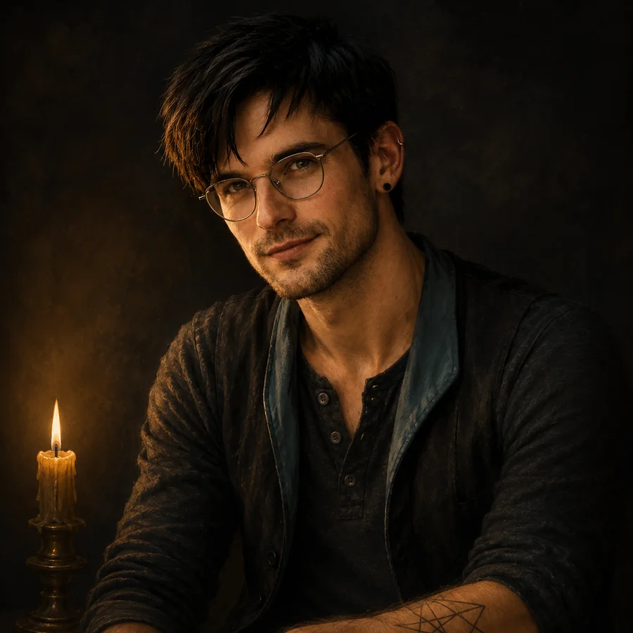 Wright — dark hair, wire-framed glasses, dark henley, lit by a single candle.